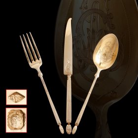 法国19世纪贵族定制银鎏金餐具三件套