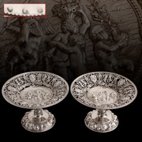 德国哈瑙 19世纪 纯银天使浮雕果盘 一对