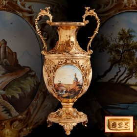 意大利 19世纪 银胎鎏金画珐琅 花瓶