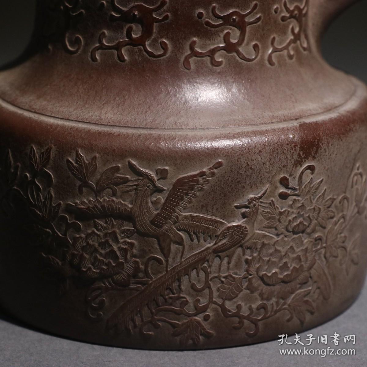 泥绘凤穿牡丹壶 落款「荆溪邵柏原制」清 尺寸19×11.5×12cm