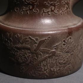 泥绘凤穿牡丹壶 落款「荆溪邵柏原制」清 尺寸19×11.5×12cm
