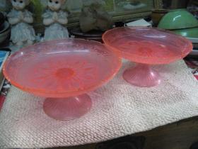 一对！7080年代老式复古老粉红花朵塑料高脚糖果盘子杯子喜糖盘子