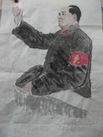手绘原稿国画毛泽东毛主席画像站像招手像接见红小兵 70×43cm