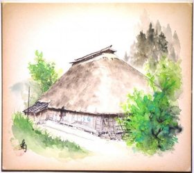 林喜市郎彩色画  「備後の民家」《备后的民家》