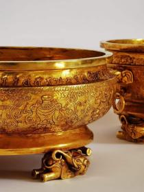 49_唐代宫廷御用八宝纹饰铜鎏金聚宝盆。鎏纯金，錾刻精美图案，保存完好。