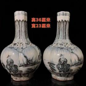 44_青花瓜楞人物故事纹天球瓶一对。保存完好，品相如图，喜欢联系。