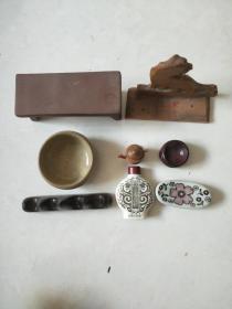 杂物（8件合售）4个木头材质，两个瓷的，一个小条桌紫砂材质，一个打火机