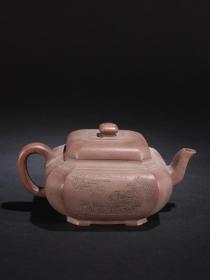旧藏 老紫砂刻画山水诗文茶壶。