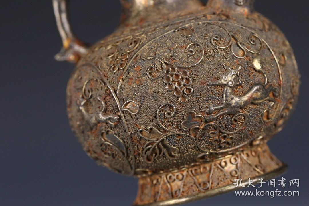 唐代风格 铜鎏金炸珠龙凤兽纹壶
