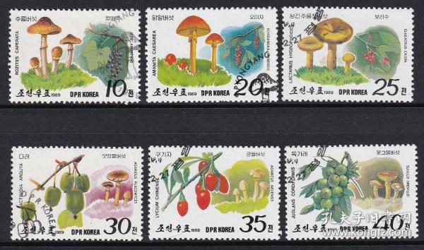 1989年蘑菇与水果|朝鲜邮票6全盖一套