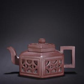 旧藏-承云从款紫砂镂空六方茶壶