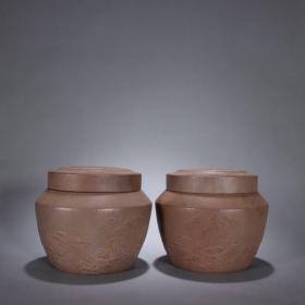 杨季初-老紫砂堆雕山水图茶叶罐