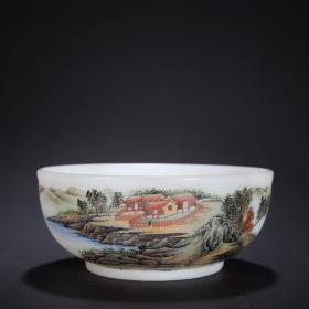 旧藏-料器画珐琅山水图碗。