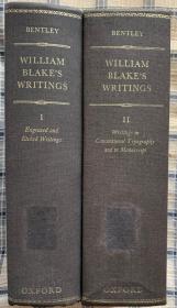 William Blake's Writings   威廉·布莱克文集 插图本  全两卷  （研究版） 布面精装  书脊烫银  最权威的牛津手稿本的详注研究版     弹珠纸（一种高级牛皮纸）印刷，厚达近1900页   品相极好  线装订  带两张漂亮的藏书票
