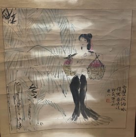 南傣族画家陈方老师手绘作品 西双版纳风情（缺上挂轴边）商品尺寸：67公分×65公分