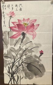 画家宝福手绘作池塘新花次第花开(软画片)69×40公分