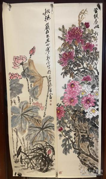 画家冯新平老师花卉作品四条屏（画片卷放）商品尺寸：137公分×35公分