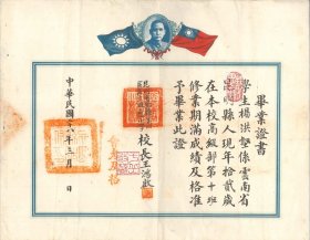 【静思斋】民国28年（云南）昆明实验县第四区区立明应小学毕业证书一张，稀见加盖“会考及格”章