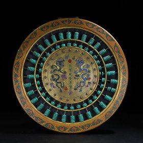 旧藏回流早期收藏木胎漆器彩绘包铜皮宫廷御制圆算盘，直径40.5厘米厚2.6厘米
