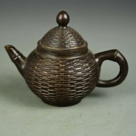 旧藏回流铜竹编型茶壶