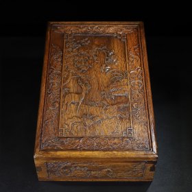 旧藏回流花梨木雕刻鹿鹤同春图抽拉盒，长40厘米宽25厘米厚11厘米