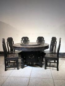 小叶紫檀镶贝壳一桌六椅象头圆桌