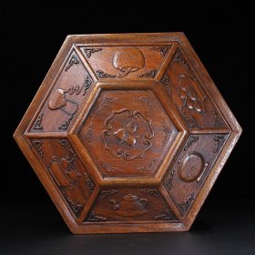 旧藏回流珍藏花梨木雕刻六角干果炒货果盒，长35.5厘米宽31.5厘米厚11厘米