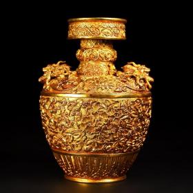 清代 铜鎏金高浮雕龙瓶，