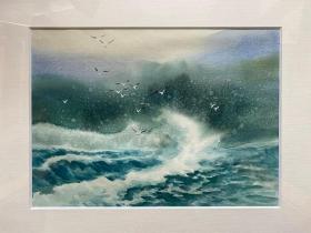 【水彩画 海浪与海鸥】鲁恒心 擅长水彩画、油画；作品曾多次参加海内外交流展并被多家机构收藏。收于画家本人，保真