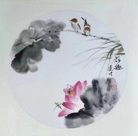 【精品国画荷花系列】荷趣  画家蔡建中 现为中国美术家协会会员，中国高级工艺美术师，国家一级美术师，嘉兴第一任画院院长（真迹保真）