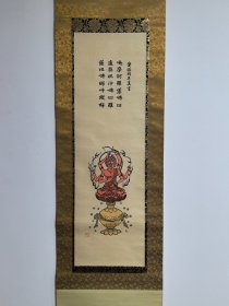 日本回流字画  ：日本佛教密宗绘画《爱染明王尊像》御影版画，爱染明王为密宗明王之一，大日如来与普贤菩萨合体之金刚化身，画有淡淡的香气，木版不是手绘，有板道人印章，有原桐木盒和纸盒，内有介绍说明两张