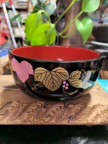日本购回：日本美术漆器、大漆金莳绘葡萄画片圆形大漆碗，可做茶道建水和拉面碗，食盒，很漂亮