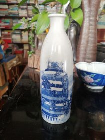 日本购回：日本青花老酒壶，“播磨国总社播磨国美酒滩菊” 很老的青花人物德利酒壶，可做花瓶（老物件，有残）