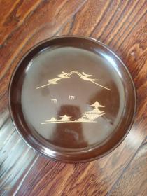 日本购回：日本高级美术茶道具、老实木漆器托盘，茶盘，壶承，大漆金莳绘、山水风光，高2cm直径16cm