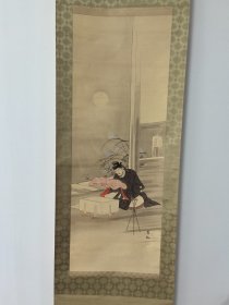 日本回流字画  ：日本购回人物画，绢本手绘《将军卸甲图》老画真品，有古仙落款和印章，菅公像（菅原道真）日本战国武将人物画，绘画精美，书房茶室雅物，原装绢本绫裱、双骨质轴头