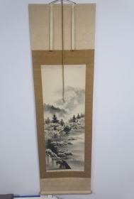 日本回流字画  ：原装旧清峰水墨山水画作品一幅、缺画轴（绢本立轴，钤印：清峰）