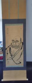 日本购回： 日本人物画《达摩》 绢本立轴、达摩图 人物画 水墨画 国画  、立轴 卷轴 老物件