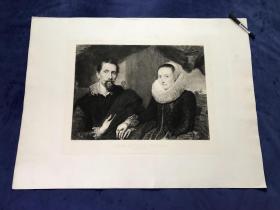 19世纪巨幅蚀刻铜版画《画家弗朗斯·斯奈德斯夫妻肖像》—比利时弗拉芒画派巴洛克风格画家安东尼·凡·戴克(Sir Anthony van Dyck,1599 - 1641年)作品 雕刻师Albert Krüger 中国裱贴法 纸张尺寸90.1*67.6厘米