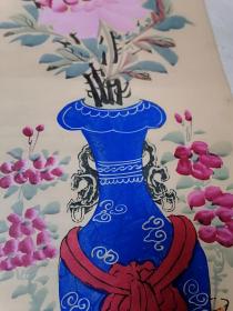 清代矿物颜料彩绘精品八宝牡丹/荷花条幅一对(170/X36.5CM/惜无款无题名)