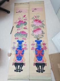 清代矿物颜料彩绘精品八宝牡丹/荷花条幅一对(170/X36.5CM/惜无款无题名)