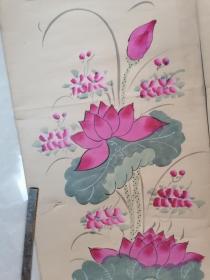 清代矿物颜料彩绘精品八宝牡丹/荷花条幅一对(170/X36.5CM/惜无款无题名)