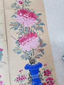 清代矿物颜料彩绘精品八宝牡丹/荷花条幅一对(170/X36.5CM/惜无款无题名)