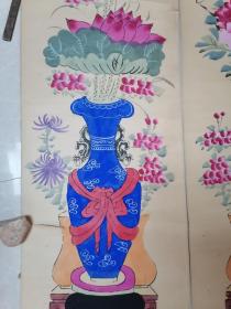 清代矿物颜料彩绘精品八宝牡丹/荷花条幅一对(170/X36.5CM/惜无款无题名)