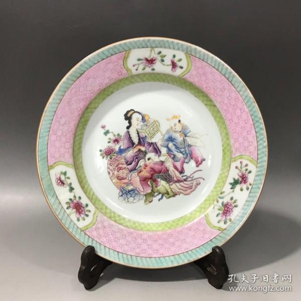 回流粉彩三娘教子盘,