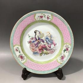 回流粉彩三娘教子盘,