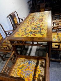 旧藏大叶黄花梨雕填餐桌,