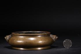 旧藏 大明宣德年制款铜制双狮耳炉