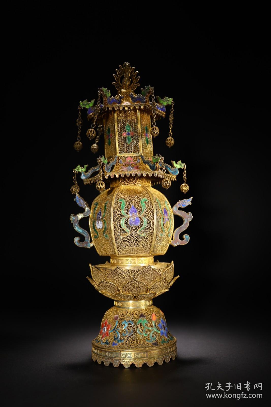 旧藏 银鎏金花丝佛龛