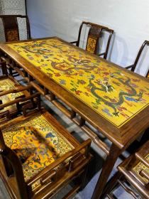 旧藏大叶黄花梨雕填餐桌,