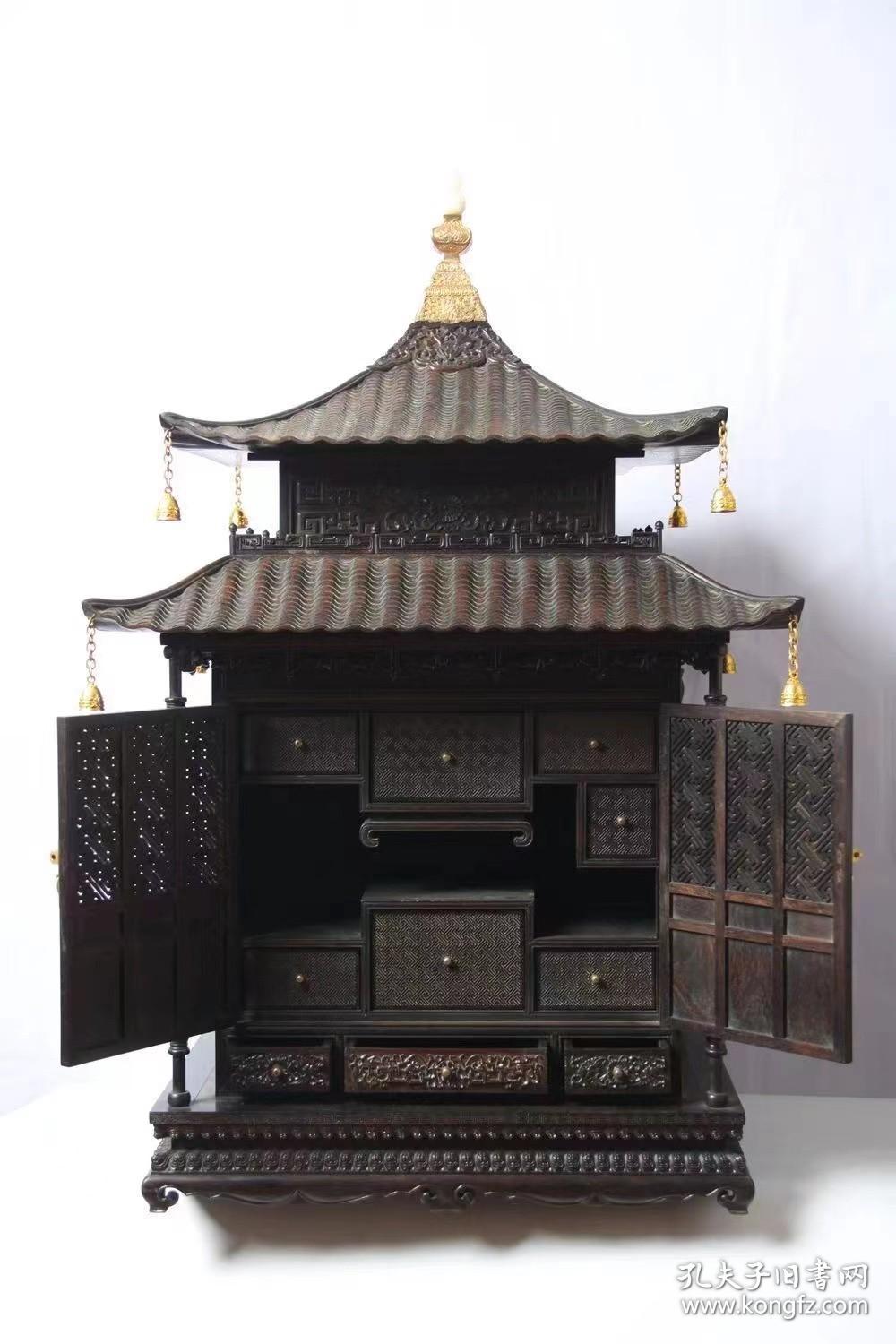 清 紫檀宫殿形双开门文房盒